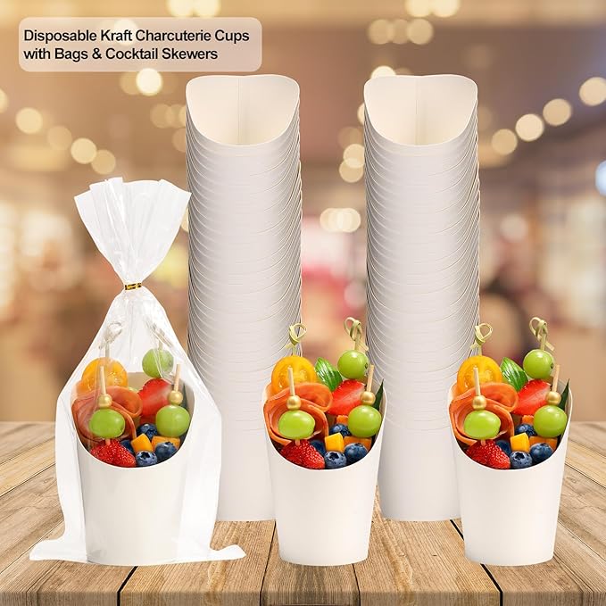 60 Sets Disposable Charcuterie Cups with Sticks and Bags, 14 oz White Kraft Paper Snack Boxes Appetizers Cup French Fry Holder with Cocktail Skewers Toothpicks Tooth Picks(60 Cups+60 Bags+200 Sticks)