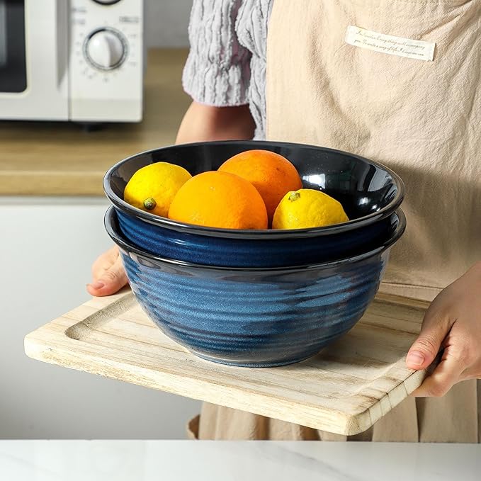 MEKY Serving Bowls, 9 Inch Large Ceramic Salad Bowls for Kitchen, 84 Ounce Mixing Bowl Set of 2, Perfect for Cooking Baking Soup Pasta Fruit and Popcorn, Microwave and Dishwasher Safe, Blue