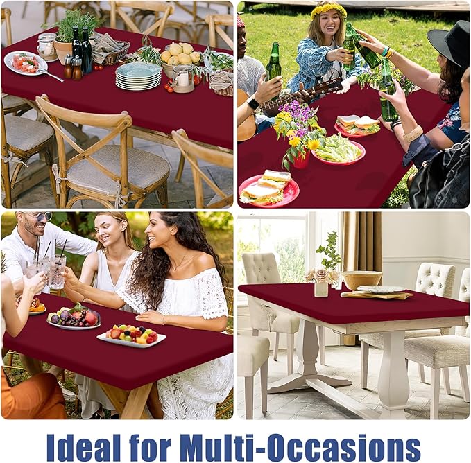 Spandex 8 Foot Rectangle Table Cloth 2 Pack, Elastic Fitted Tablecloths for Picnic, Stretch Washable Patio Table Cover for Outdoor, Camping, Banquet and Parties (Wine Red, 30"x96")