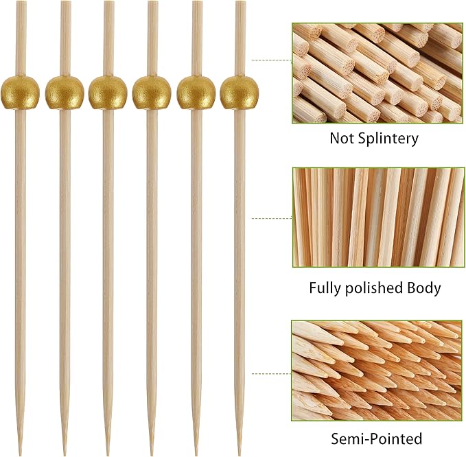 200 Pcs Cocktail Picks, 4.7 Inch Toothpicks for Appetizers, Bamboo Cocktail Sticks Skewers for Drinks, Desserts, Charcuterie, Wedding Party Fancy Toothpicks, Gold Pearl Mini Food Picks Decorative