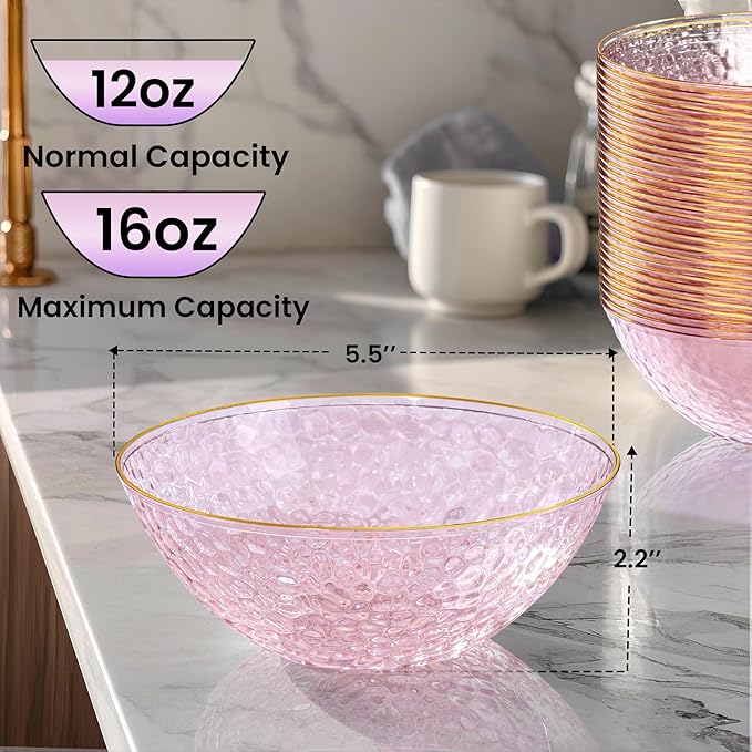 Rubtlamp 50 Pack Clear Pink Disposable Bowls, Clear Plastic Bowls with Gold Rim, 12-16oz Premium Heavy Duty Plastic Dinner Bowls for Party, Wedding and Holiday