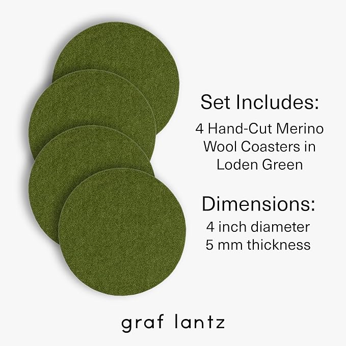 Graf Lantz - Bierfilzl Merino Wool Round Coasters Set of 4 - Loden Green (4" Circles) - Absorbs 30% of Weight - German Wool - Heat Resistant, Sustainable, & Reusable - Home Decor & Coffee Table Decor