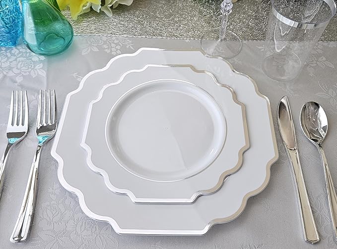 " OCCASIONS " 80 Plates Pack,(40 Guests) Heavyweight Wedding Party Disposable Plastic Plates Set -40 x 10.5'' Dinner + 40 x 8'' Salad/Dessert Plate (Imperial in White & Silver Rim)
