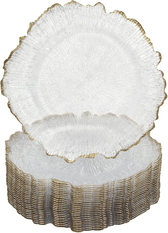 LOYALHEARTDY 25 Pack 13 Inch Charger Plates, Clear Plastic Reef Rim Charger Plates with Gold Rim, Round Decorative Underplates for Wedding, Party, Dinner Table