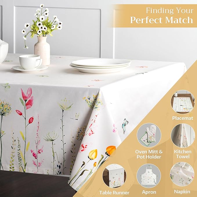 Maison d' Hermine Table Cloth Rectangle Table 100% Cotton 70 x 140 Inches Tablecloth Reusable Decorative for Dining Room Farmhouse Home Valentines Day Decorations Spring Summer - Botanical Fresh