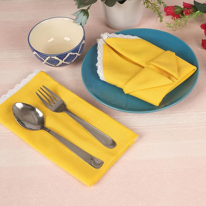 Fingercraft Dinner Cloth Napkin Cotton Linen Set of 12 Mitered Corners with Natural Elegant Lace for Everyday Use Napkins are Pre Shrunk and Good Absorbency with Lace 20x20 in Lemon