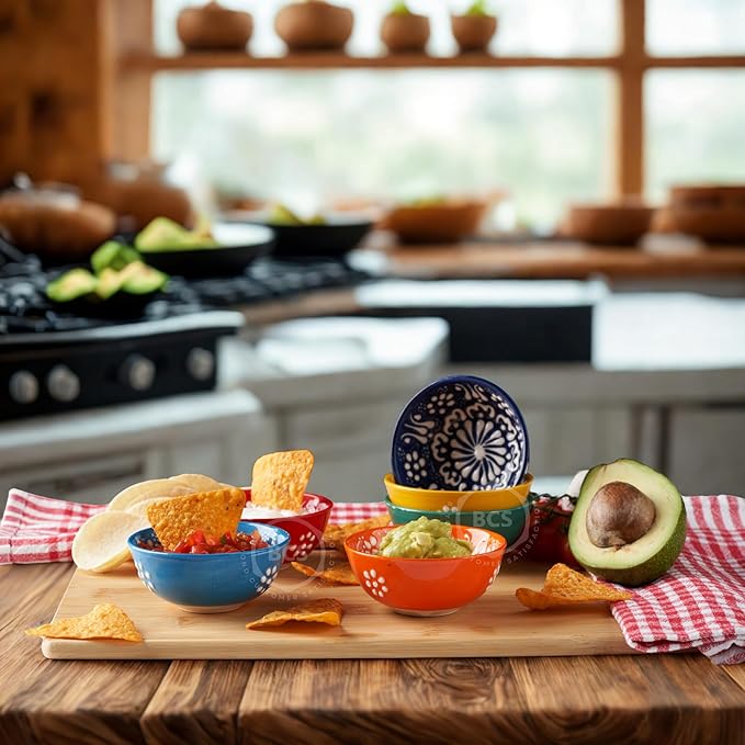 BCS Ceramic Salsa Bowls Set of 6 Small Pinch Bowls for Dipping, Cooking Prep & Charcuterie Board, Soy Sauce Dish, Multicolor Handmade Decorative Mini Serving Dishes Dishwasher Safe (3.2''-3 oz)