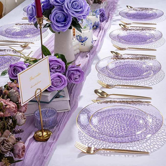 Rubtlamp 100Pcs Purple Gold Plastic Dessert Plates, 7" Purple Disposable Appetizer Plates With Gold Rim, Heavy-duty Party Salad Plates, Hammered Plastic Clear Dessert Plates for Wedding