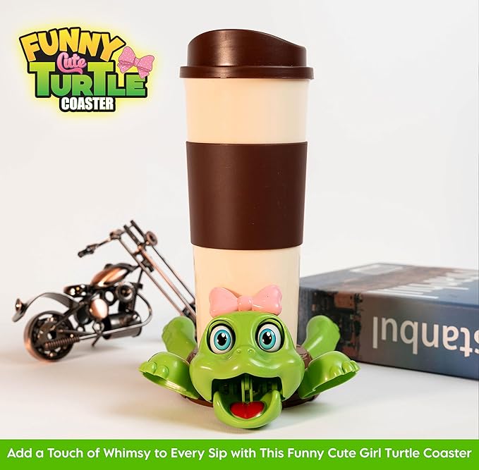 Funny Turtle Coaster, Cute Turtle with Pink Bow & Funny Face Expression,Turtle Cup Holder, Coaster for Desk & Home Decor, Gag Gift for Tortoise Lovers