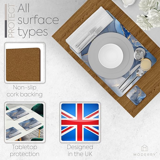 Set of 4 Heat Resistant Cork Placemats for Dining Table with Free Set of 4 Matching Drink Coasters Marble Design 16 x 12 Inches Cork Backed Hard Placemats (Blue & Gold)