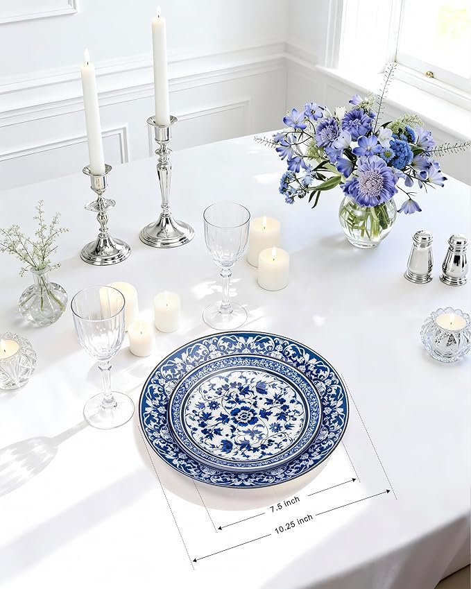 Hioasis 60pcs Blue Plastic Plates Set - Floral Blue & White Porcelain Design, 10.25" Dinner & 7.5" Dessert Plates Disposable for Wedding (Dishwasher Safe, Art Style)