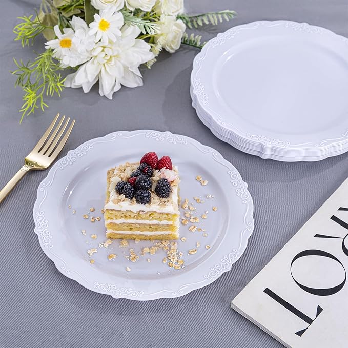 DaYammi 36PCS White Plastic Plates, Heavy Duty White Disposable Premium 7.5inch Dessert Cake Salad Appetizer Plates Hard Plastic Platos Disposable for Party Wedding