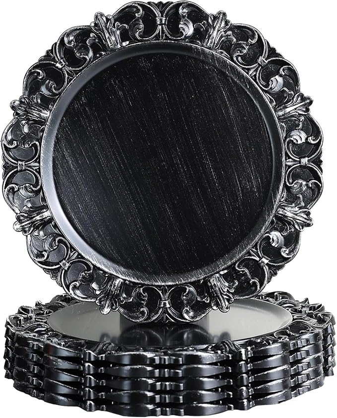 Black Charger Plates Set of 6, Decorative Table Plastic Chargers for Dinner Plates, Party, Wedding, Thanksgiving, Christmas, 11B