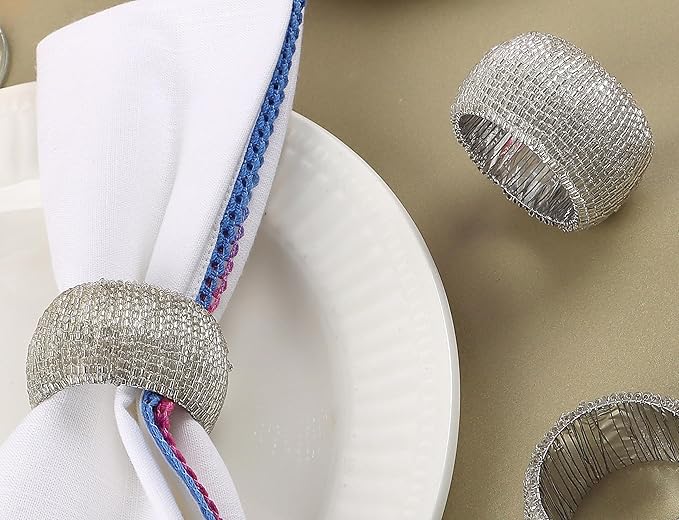 ALPHA Living HOME Beaded Napkin Rings Set of 12- Beaded Napkin Holders for Christmas, Thanksgiving, Holiday Party, Dinner PartyWeddings, Parties, Family Gatherings, and Table Décor - Silver