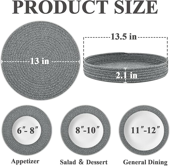Round Placemats Set of 6 with Holder, Cotton Rope Woven Place Mats, Hot Pads for Kitchen, Heat Resistant Table Mats, 13 Inch Farmhouse Washable Braided Placemat for Kitchen Decor (Dark Gray)