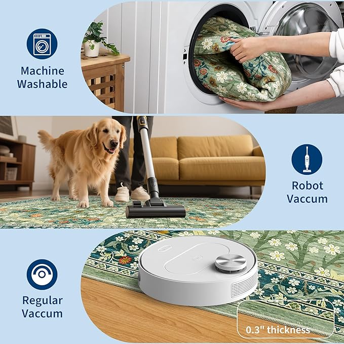 GarveeHome 8x10 Area Rugs, Washable Rugs for Living Room Non Slip Stain Resistant Ultra Soft Floral Rug, Boho Carpet Floor Mat for Bedroom Dining Room Nursery Playroom Office, Sage Green