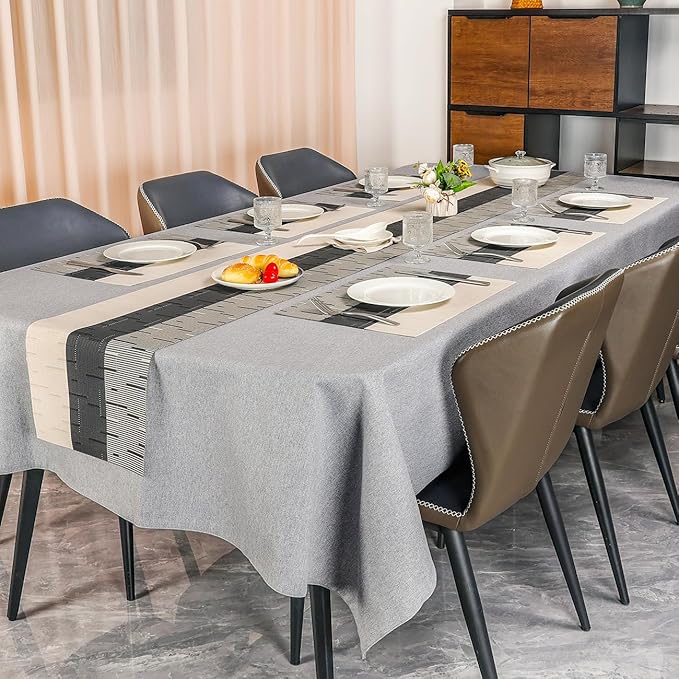 Placemats Set of 8, Vinyl Woven Place Mats Indoor Set of 8 Washable Wipeable PVC Table Mats Heat-Resistant Non Slip Plastic Placemat for Kitchen Dining Outdoor Table (Beige Black, Set of 8)