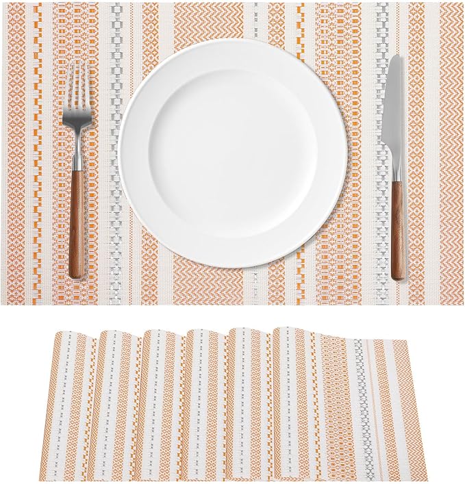 FAVE Boho Vinyl Placemats Set of 6, Durable Woven Place Mats Washable Heat Resistant PVC Table Mats for Parties,Weddings, Dining,Banquet(Orange, 6PCS)