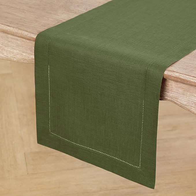 Solino Home Linen Table Runner 36 Inches - 100% Pure Linen Olive Hemstitch Table Runner 14 x 36 Inch Ideal for Dresser and Coffee Tables - Classic Hemstitch