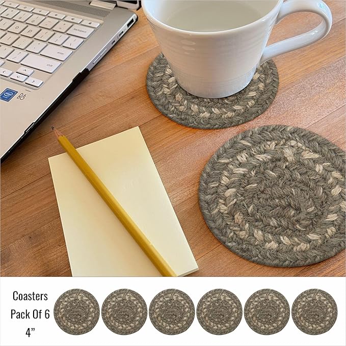 Homespice Grey Cloud Jute Braided Rope Coasters 4", Warm Lodge and Cabin Decor, Set of 6, Multicolor - Durable, Absorbs Moisture, Easy to Clean and Protects Furniture