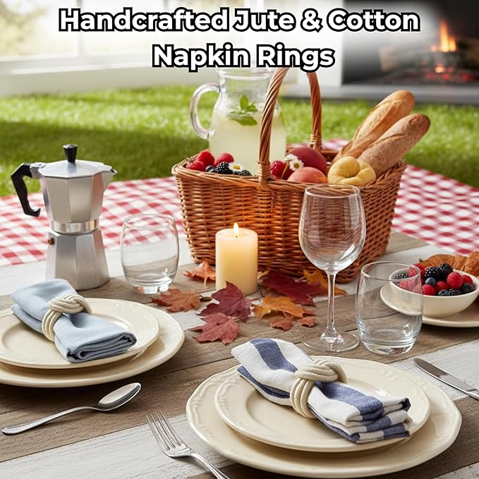 ALPHA Living HOME 8 Pcs Jute Napkin Rings Decorative Napkin Holder Serviette Buckles for Wedding Party Dinner Table Decor Anniversary Birthday Romantic Dinner Holiday, Wedding Daily Use (Off White)
