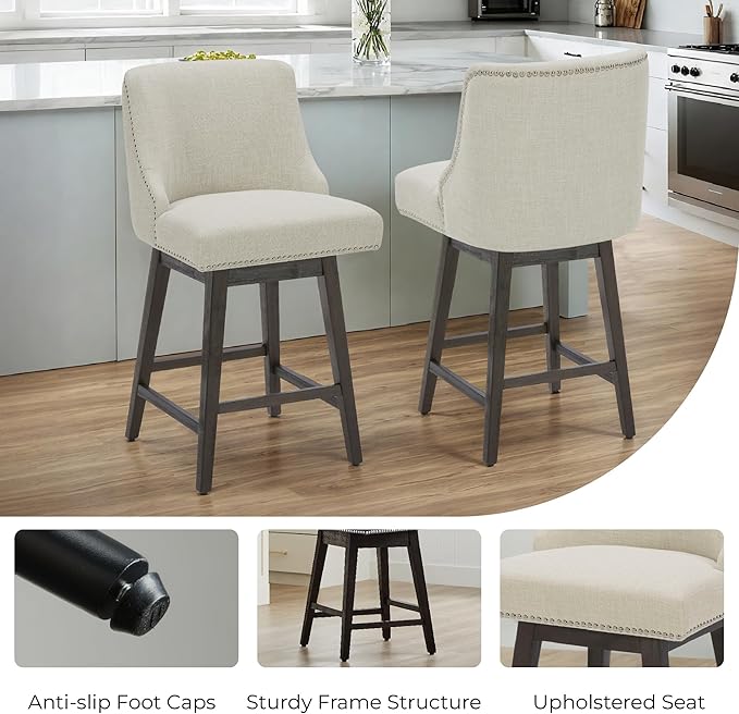 CHITA Counter Height Swivel Bar Stools Set of 3, FSC Certified Upholstered Counter Stools, Modern Swivel Barstools with Wood Legs for Kitchen Island, 26" Seat Height, Fabric in Linen