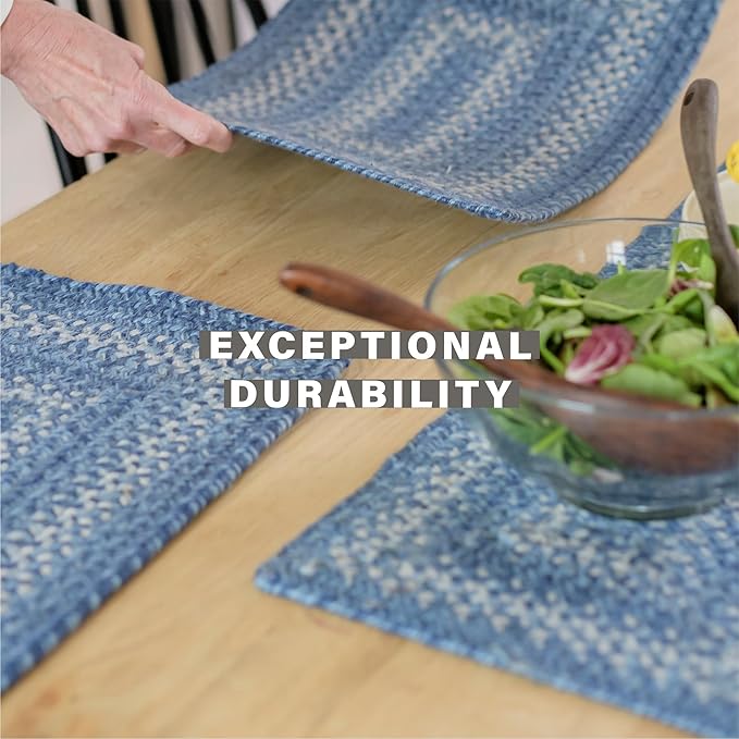 Homespice Denim Premium Jute Braided Placemat Set of 4 Oval 10x15 Blue, Navy, White Reversible, Natural Jute Yarn Rustic, Country, Primitive, Farmhouse Style