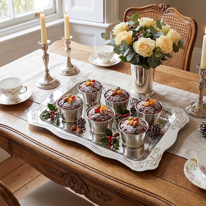 4 Pack 18.9" x 12.8" Large Silver Serving Trays for Dessert Table Stainless Steel Silver Platters Floral Engraved Mirror Serving Platters for Wedding, Cookies, Desserts, Party Food Display