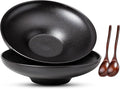 Ceramic Serving Bowls with Wooden Spoons Set of 2, Large Serving Bowl for Dinner Salad Soup Pasta Dessert Fish Fruit Chicken Bread, Oven Dishwasher Safe, 50oz Bowl for Entertaining, 9.75" Pure Black