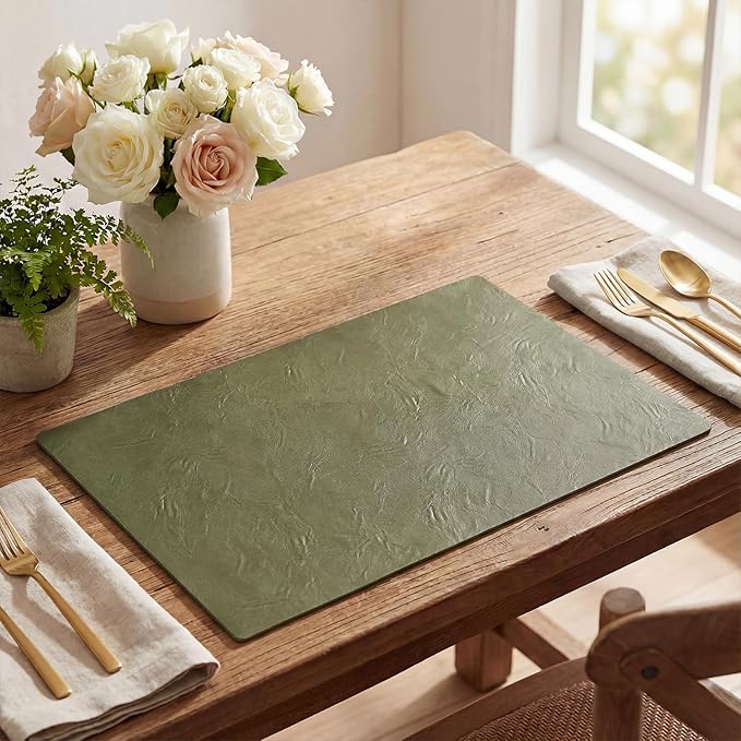 Artoid Mode Olive Green Faux Leather Placemats Set of 6, 12x18 Inch Waterproof Wipeable Heat Resistant Vinyl Place Mats, Reversible Table Mats for Kitchen Dining Decor