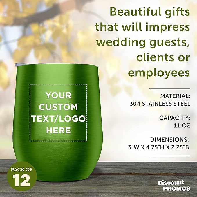 Custom Stemless Wine Glass Tumblers with Lids by Largo 11 oz. Set of 12, Personalized Bulk Pack - Perfect for Wine, Cocktails, Other Hot & Cold Beverages - Lime Green
