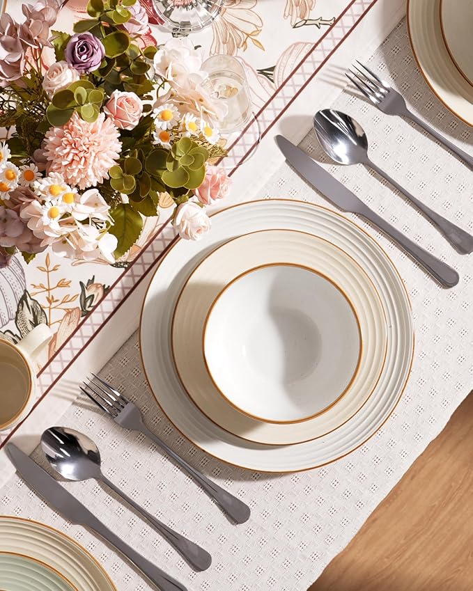 Famiware Jupiter Dinnerware Set with Pasta Bowl, Plates and Double Bowls Dish Sets for 4 (16 Pieces), Microwave and Dishwasher Safe Stoneware Tableware, Chip and Scratch Resistant, Light Green