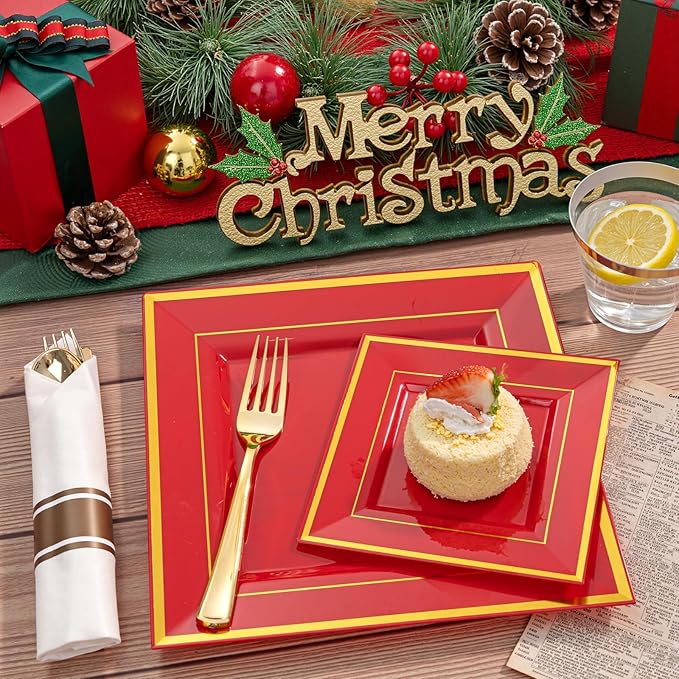 Liacere 100PCS Red and Gold Square Plastic Plates-50PCS Heavy Duty 9.5inch Disposable Dinner Plates and 50PCS 6inch Red Dessert Plate - Gold Plastic Plate for Party&Wedding&Valentine's Day