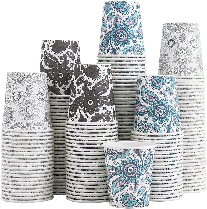[300 Pack] 3 oz Disposable Paper Cups, Small Mouthwash 3 OZ Mini Bathroom Cups 3 Ounce for Supermarket, Birthday Party, Travel, Events, Picnic, BBQ (Paisley)