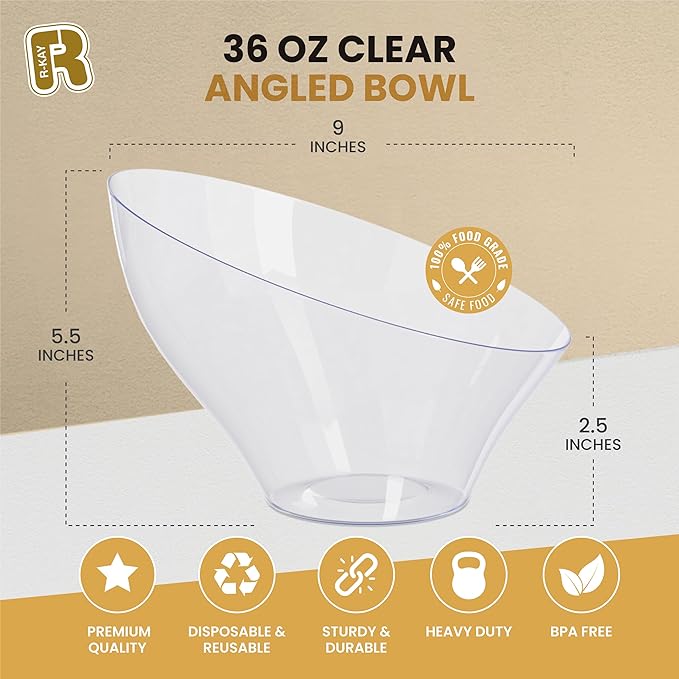 R-kay 6 Pack Large Plastic Bowls - Premium Clear bowls - Plastic Serving Bowls Heavy Duty For Weddings Catering, Parties, And All Occasions 36 Oz (Clear, Large)