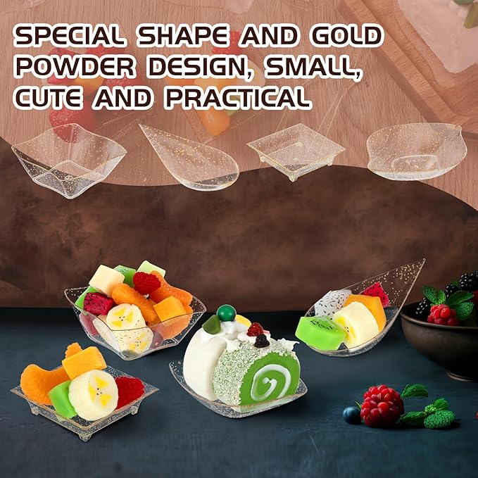 Tessco 800 Pcs Mini Appetizer Plates Set Including 400 Disposable Dessert Plates Assorted Shape 200 Mini Plastic Forks 200 Plastic Spoons for Party(Clear, Gold,Glitter)