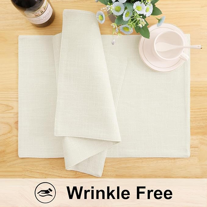 homing Cotton Linen Placemats Set of 8, Cloth Washable Farmhouse Dining Table Mats for Indoors & Outdoors, Easy to Clean, Cream, 13 x 19 Inch