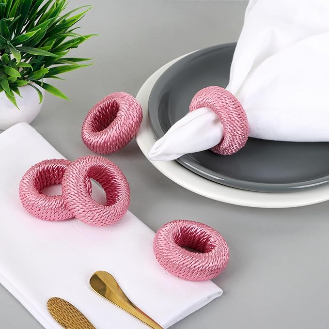 ALPHA Living HOME Napkin Rings for Dinner Table Set of 12 - Handmade Rayon Farmhouse Table Decor, Boho Chic Wedding Accessories, Holiday Party Decor, Dining Table Setting (Pink)