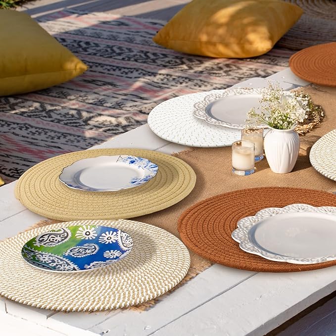 Kochorie Set of 4 Round Woven Cotton Placemats, 13 Inch Boho Table Mats for Kitchen and Dining Table, Farmhouse Heat Resistant Washable Trivets, Fall Thanksgiving Christmas Décor (Mixed Brown)