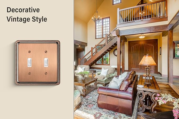Henne Bery Rope Edge Decorative Wall Plate Switch Plate Outlet Cover (Double Toggle, Antique Copper)
