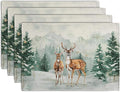 Christmas Watercolor Deer Trees Snowflakes Placemats Set of 4 Winter Rustic Nature Forest Linen Table Mat 12x18 Inch Seasonal Farmhouse Washable Place Mats for Dining Table Kitchen Xmas Decor