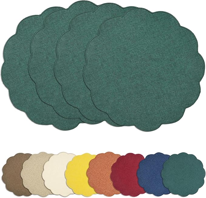 AHHFSMEI Round Faux Linen Placemats Set of 4 Waterproof Table Mats Heat Resistant Non-Slip and Stain Proof for Kitchen Dining Elegant Decor (Forest Green,4)