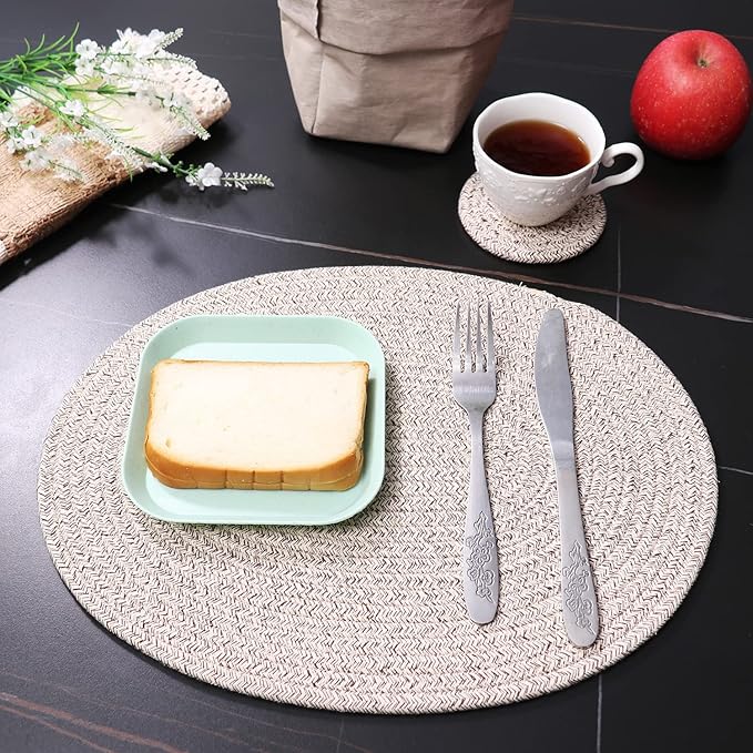 Braided Placemats Set of 6, Cotton Fabric Oval Table Mats Non Slip Washable 16 * 12 inch Oval Place Mats, 6 Pack Mix Brown Rope Woven Placemats