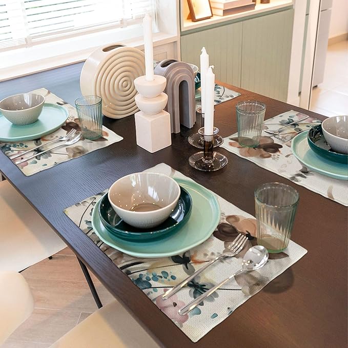 Floral Placemats 12x18 Inches Set of 4, Spring Summer Blue Brown Flower Decorative Rectangle Linen Table Mats for Party Home Kitchen Dining Table Decoration