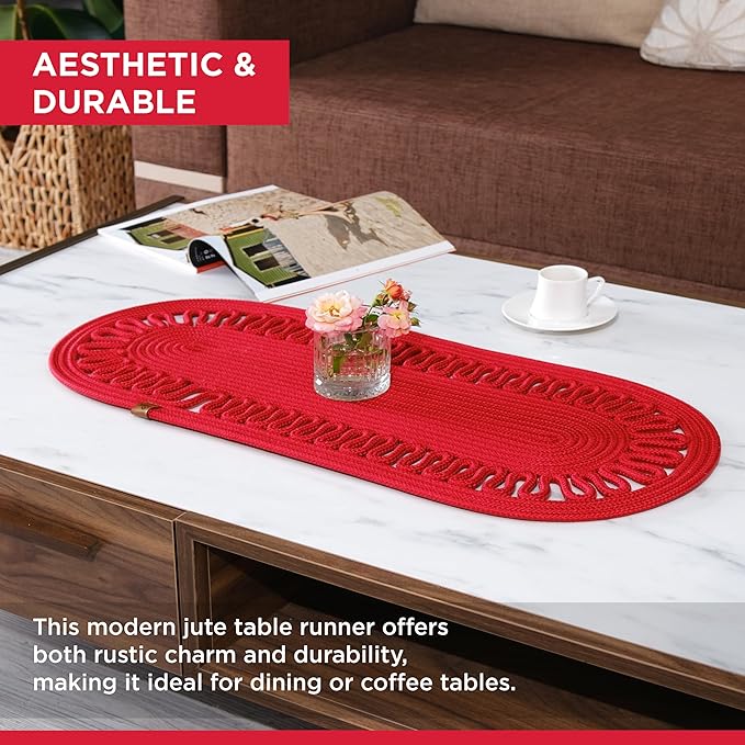 Oval Jute Table Runner | Woven Braided Dining Runner | Natural Textured Rattan Table Runner for Dining Table Coffee Table or Patio 11.8 x 27.5 (Red)