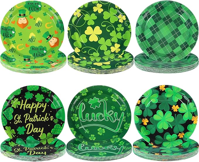 Umigy 120 Pieces 7 Inch St. Patrick's Day Party Plates Green Shamrocks Dinnerware Happy Lucky Disposable Paper Dessert Plates for St Patrick's Day Party Decorations Supplies, 6 Styles