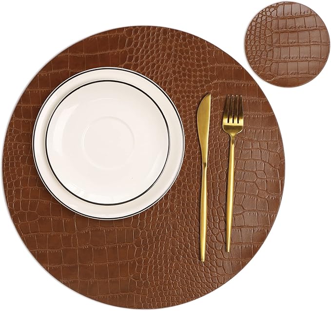 Round Leather Placemats for Round Tables Set of 4, Brown Table Place Mats and Coasters, Washable Easy to Care for Indoor Decor 13" Diameter
