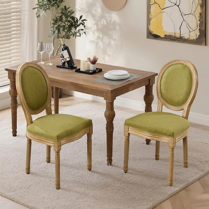 SoarFlash French Dining Chairs Set of 2, Vantage Dining Chair with Round Back, Wood Leg Farmhouse Country Dining Chair for Kitchen,Bedroom,Olive Green