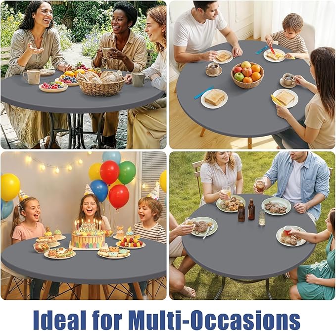Round Spandex Tablecloth 2 Pack, Elastic Fitted Waterproof Tablecloths for 57"-68" Tables, Stretch Washable Picnic Table Cover for Camping, Dining, Indoor and Outdoor, Grey