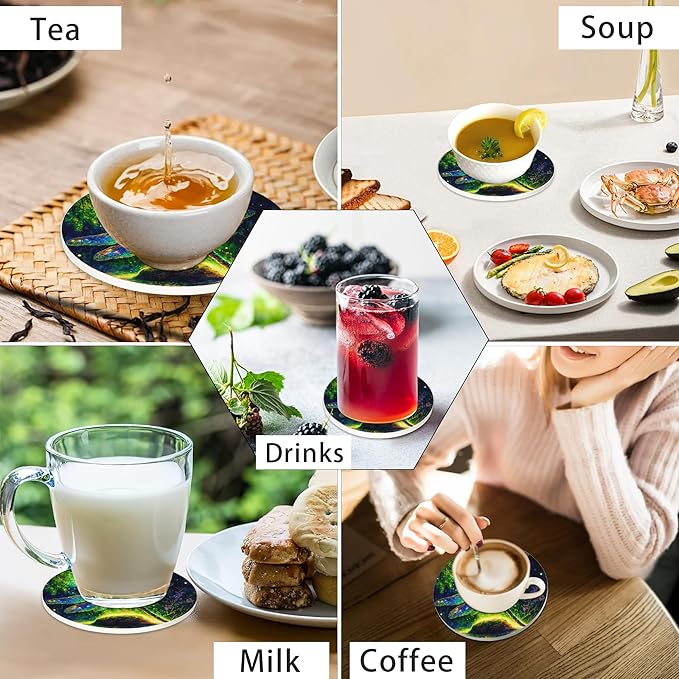 6 Pcs Drink Coasters with Holder,Fantastic Dragonfly Forest Absorbent Round Ceramic Coaster for Tabletop Protection,for Coffee Cup Beverage Coasters Wine Beer Bar